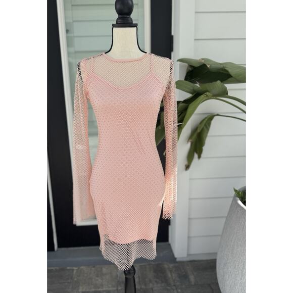 Pink Swim Cover Up Mesh Sequin Sparkle See Through Dress With Slip Sexy Small - Picture 1 of 7